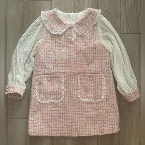 Charming Pink Tweed Kids Dress with White Sleeves